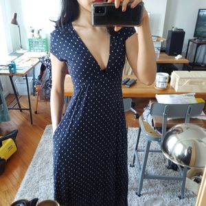 Urban Outfitters Dallas Midi Dress w Pockets and Plunging V-neck, Navy Polka Dot